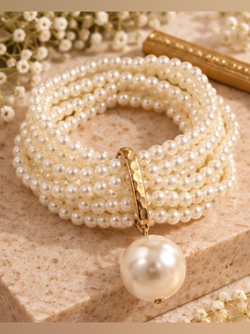 Statement Multi-Strand Faux Pearl Bracelet Gold Tone Dangle Pearl Elegant Jewelr